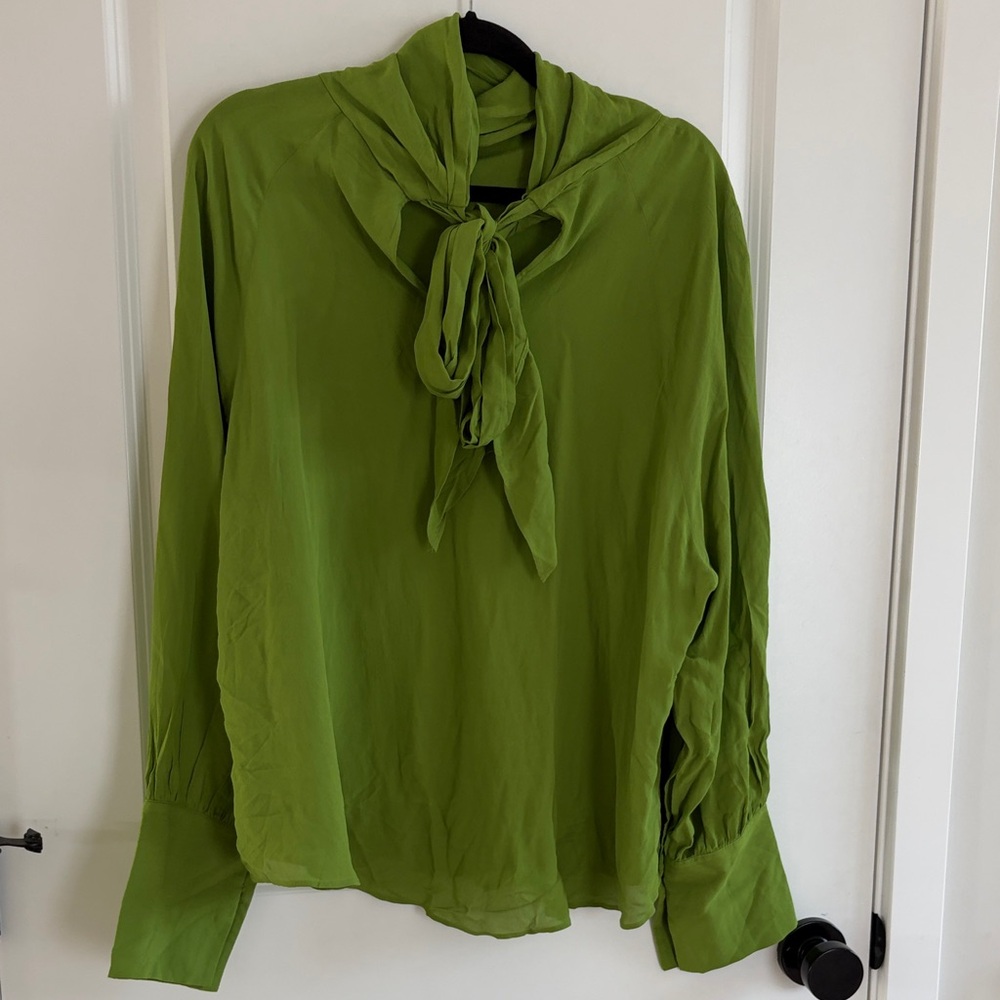 Zara Vibrant Green Blouse with Tie Neck